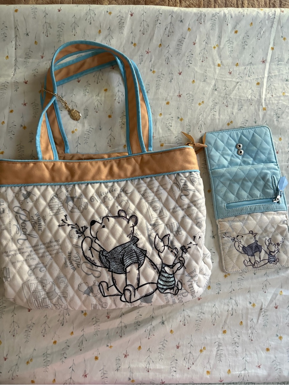 Disney Cream Quilted Tote with Light Blue & Tan Trim Featuring Winnie the Pooh